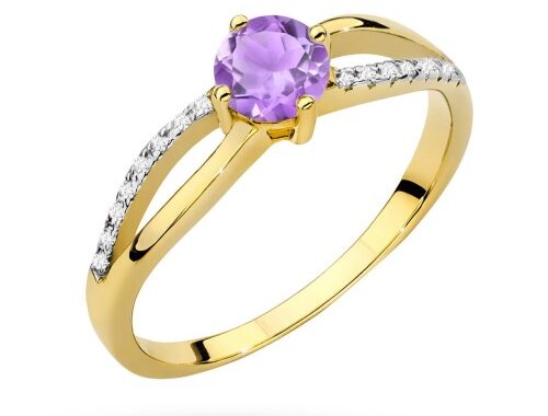 pierścionek z jasnym ametystem i brylantami